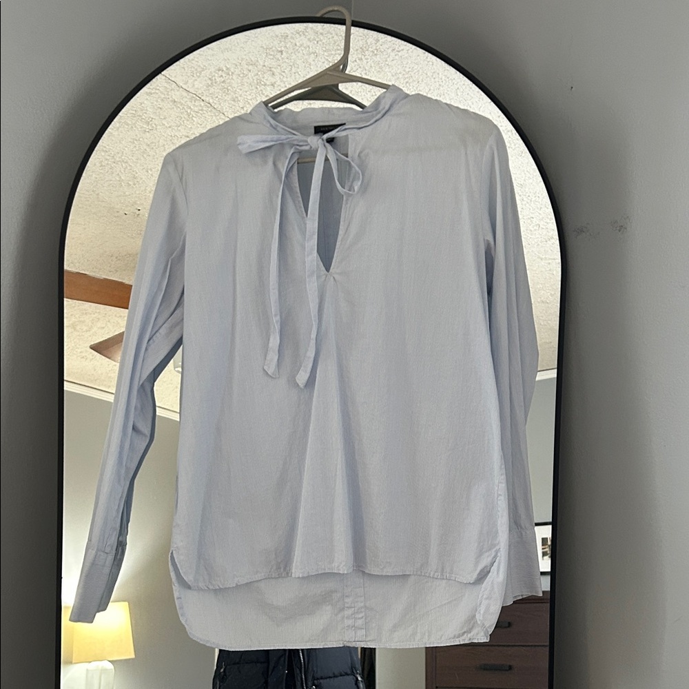 Ann Taylor Blue Striped Tie-Neck Blouse